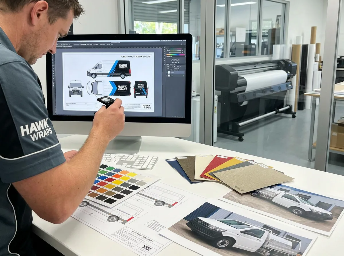 Hawk Wraps designer reviewing a commercial fleet proof and material colors