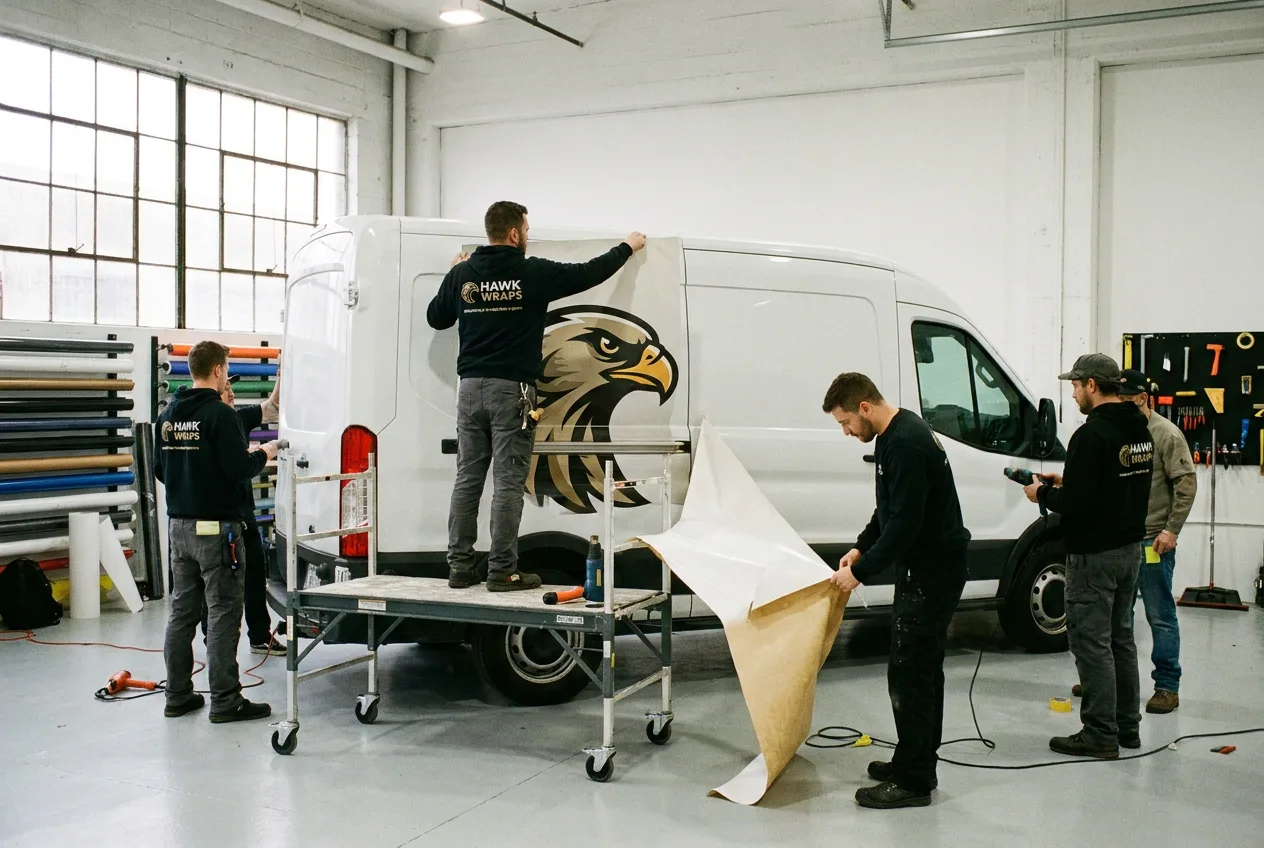 Vehicle wrap installation team applying a large vinyl panel to a commercial van