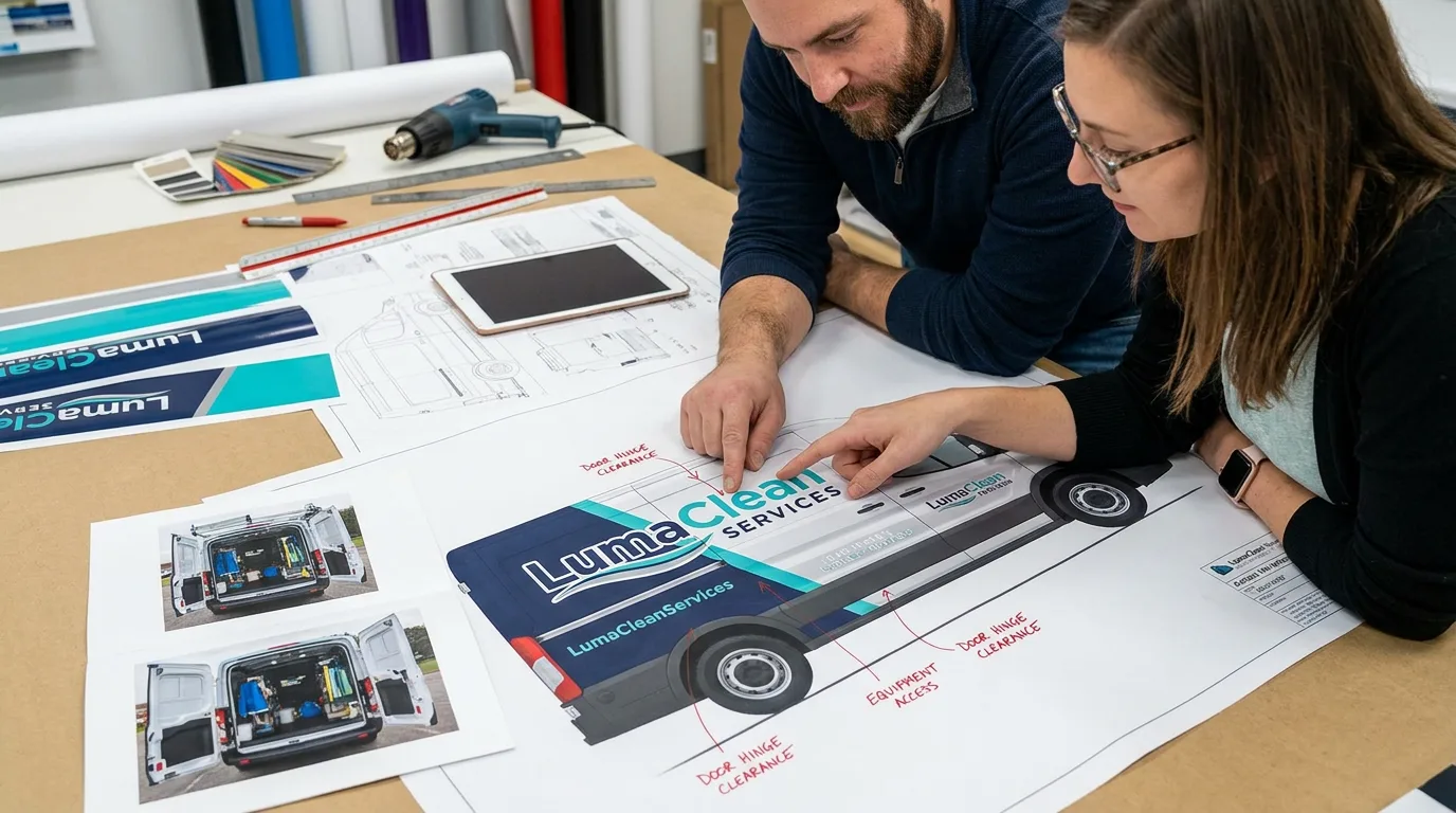 cleaning company owner reviewing van wrap message hierarchy with designer