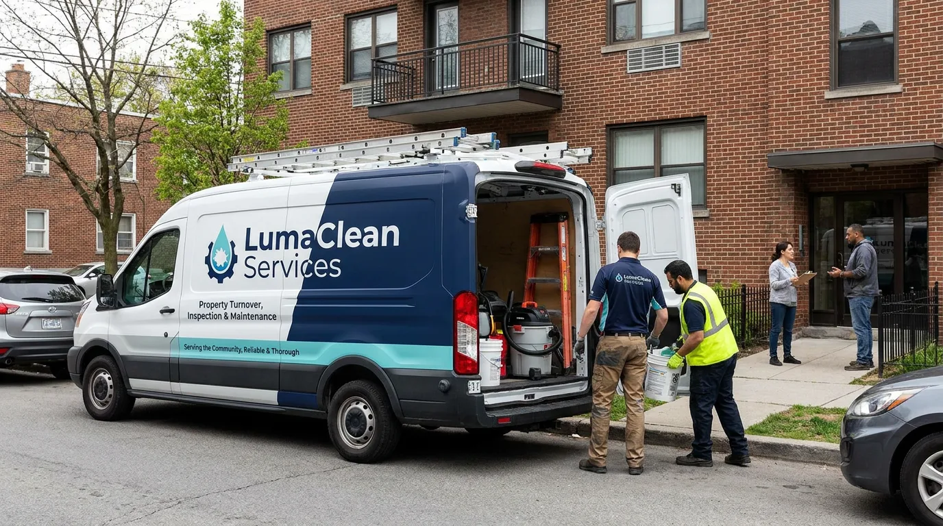 property turnover cleaning service van at an apartment building