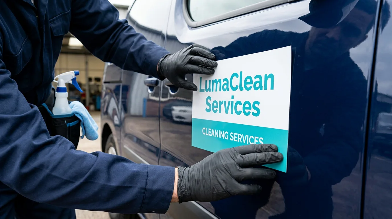 removable magnetic cleaning business sign fitted to a smooth vehicle door