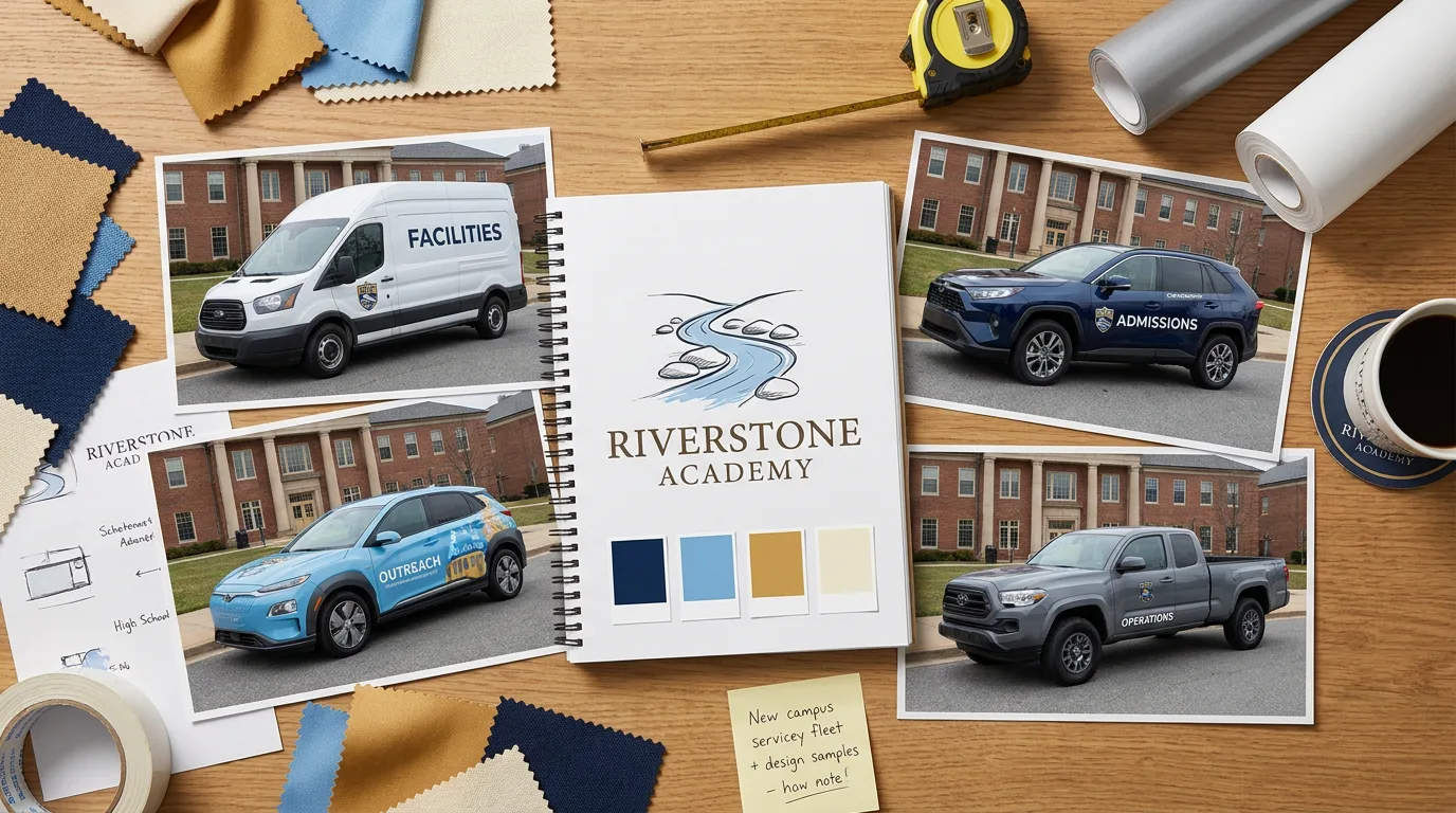 campus service vans cars and pickups in coordinated fleet graphics