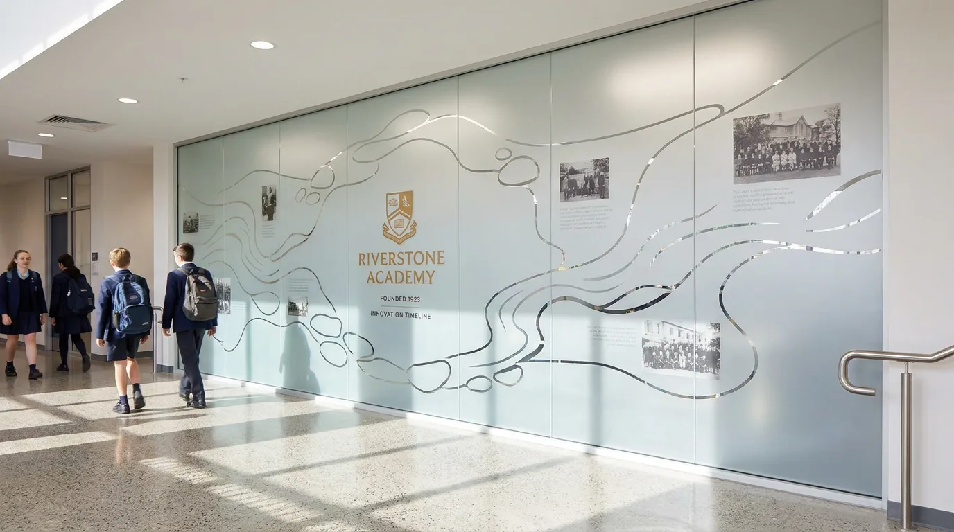 school history values and program wall graphics in corridor