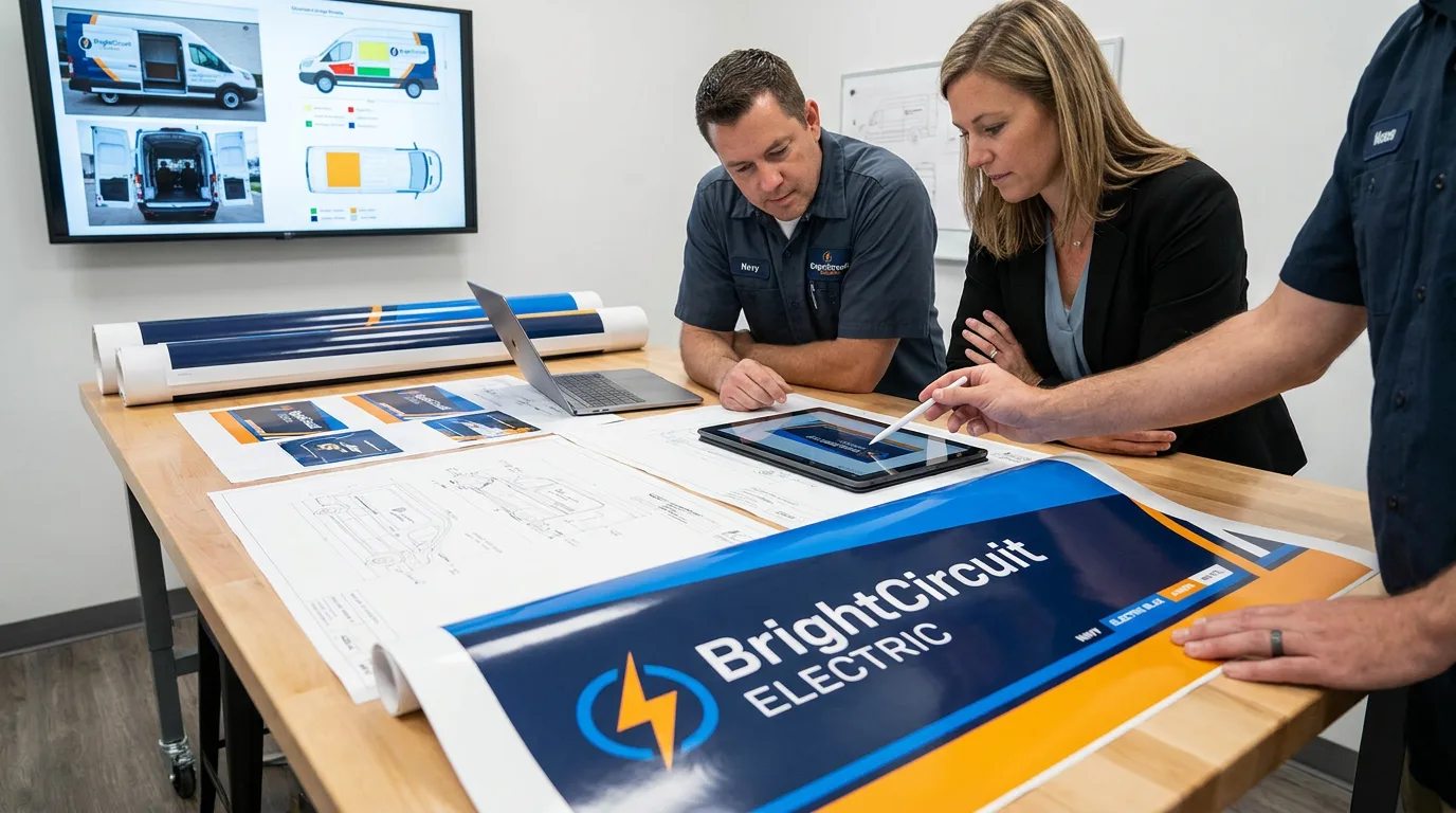 electrical contractor and designer reviewing rack equipped van wrap proof