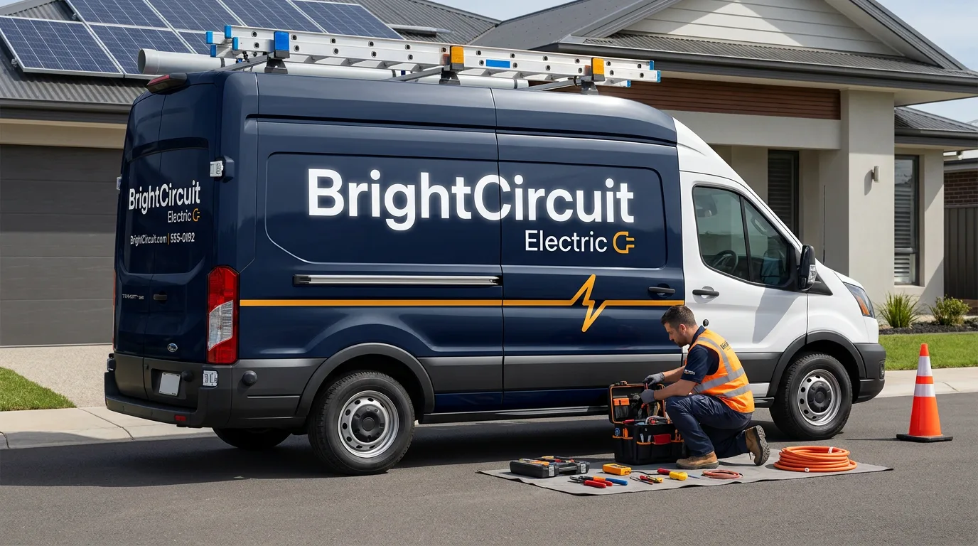 rack equipped electrician cargo van with readable side graphics