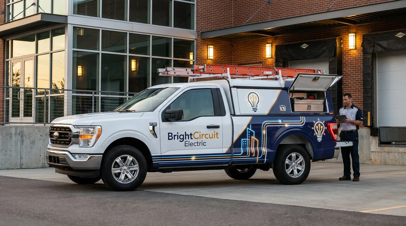 electrical contractor pickup with cap toolbox and tailgate graphics