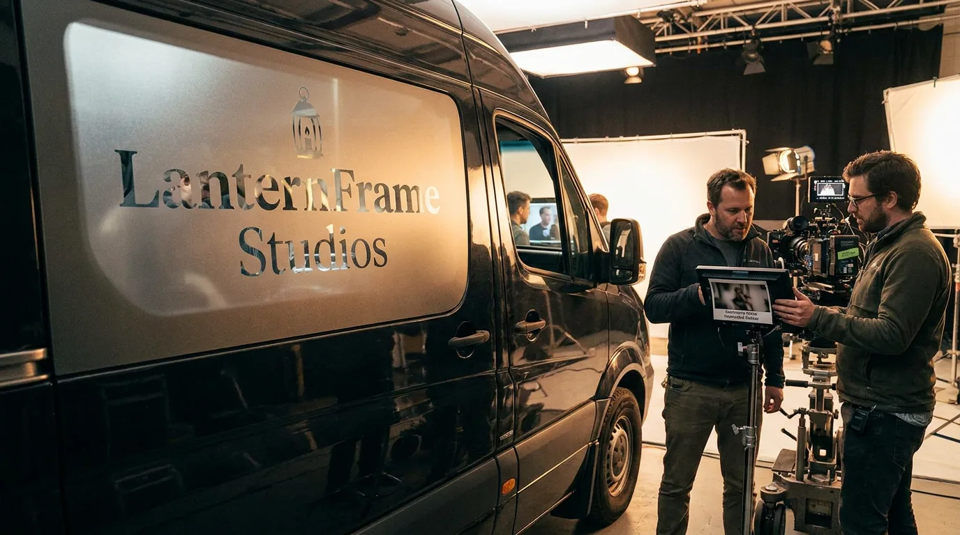 picture vehicle with fictional production branding on film set
