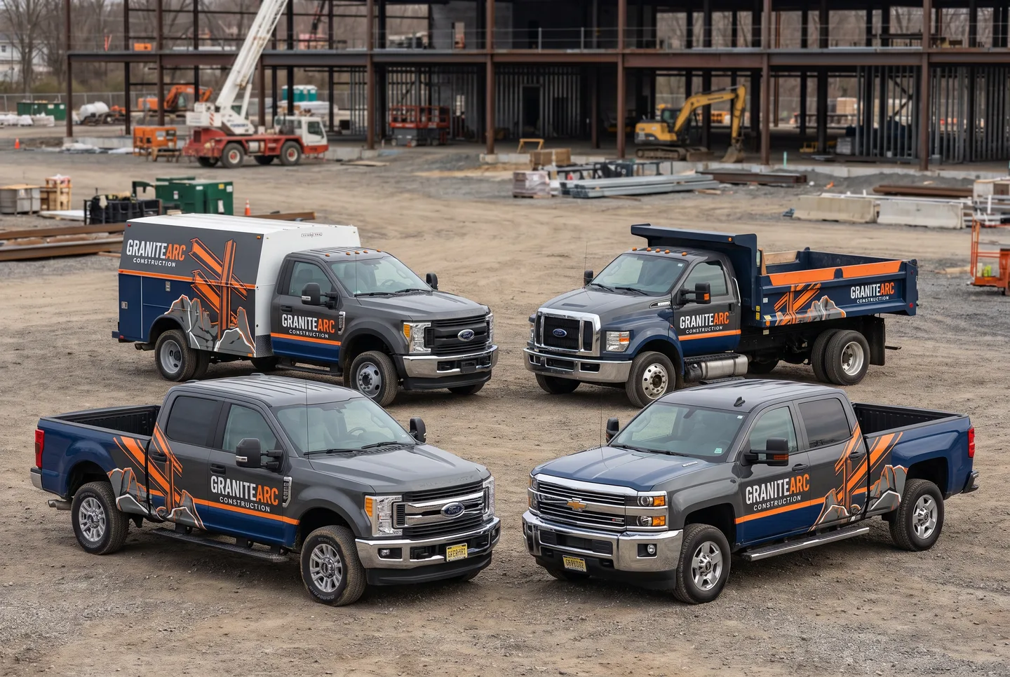 construction fleet — matching pickups and dump trucks