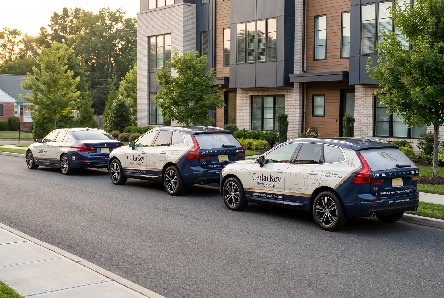 real estate fleet — matching sedans and SUVs