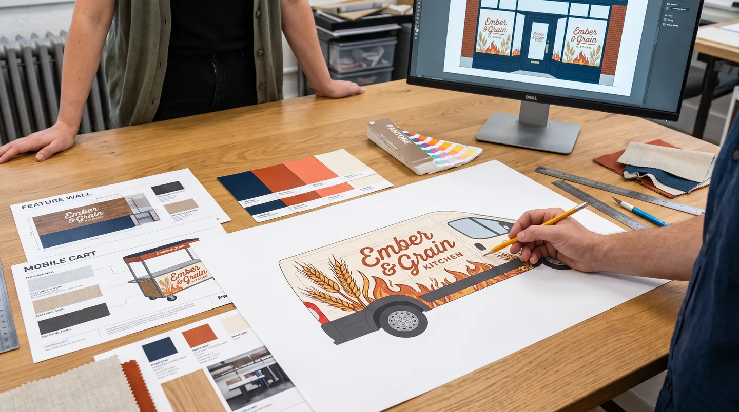 designer reviewing coordinated food brand layouts for vehicle, window and wall graphics