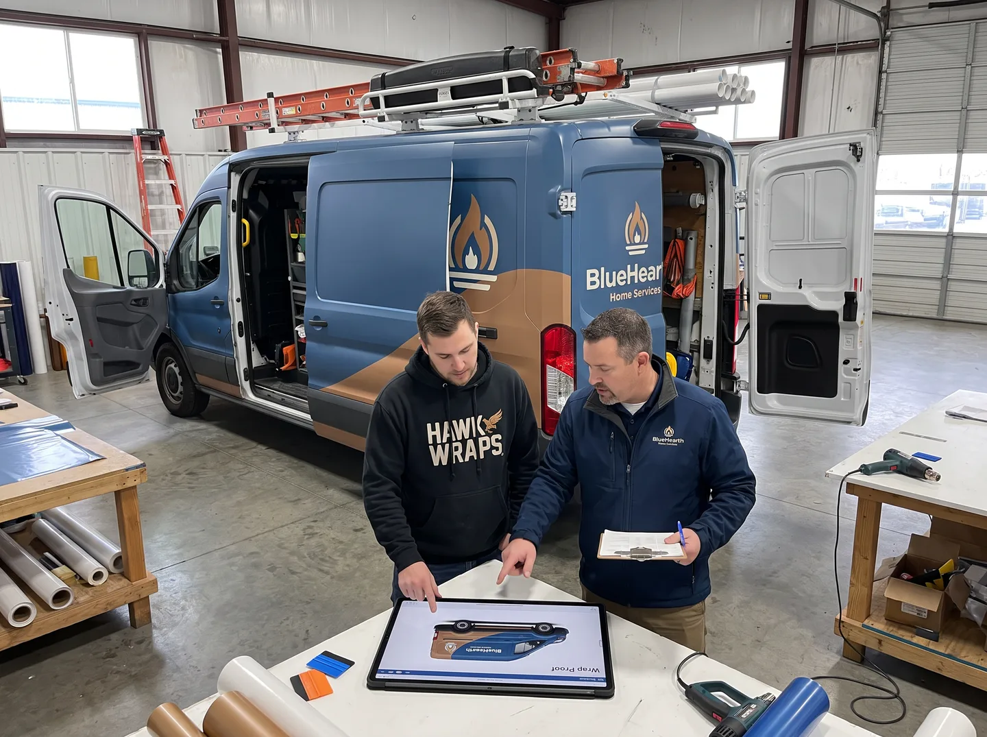 annotated side-view diagram of service van wrap — callout numbers at each element