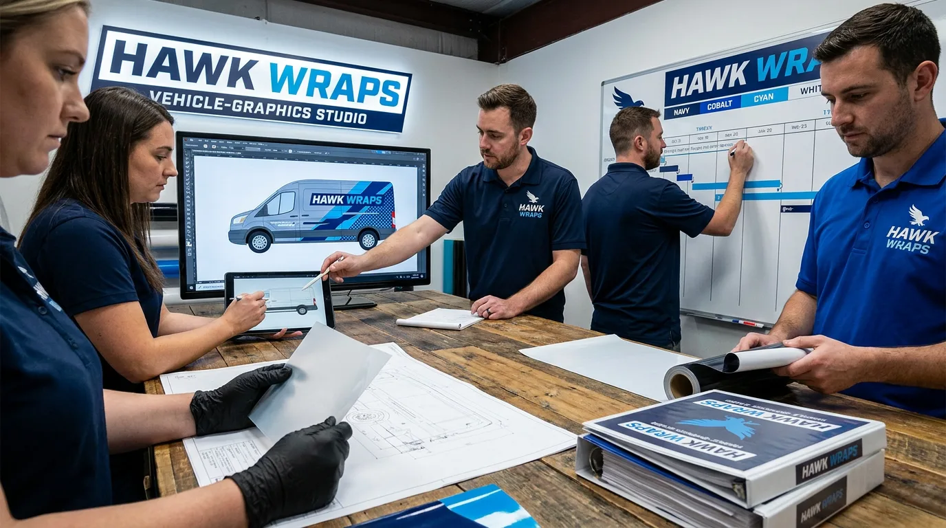 graphics designer reviewing vehicle layouts and material samples