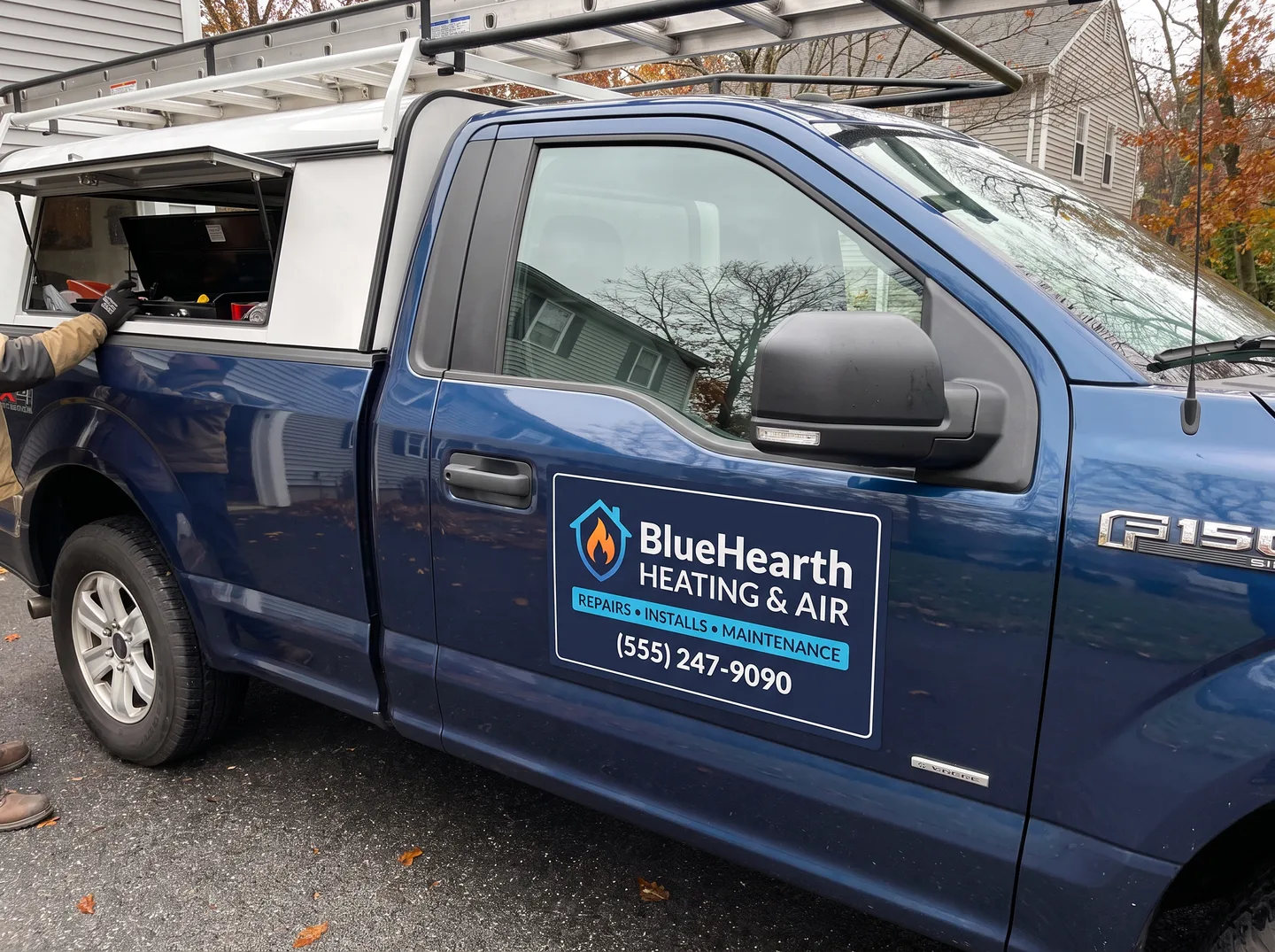 HVAC contractor magnetic sign concept on a compatible steel pickup door