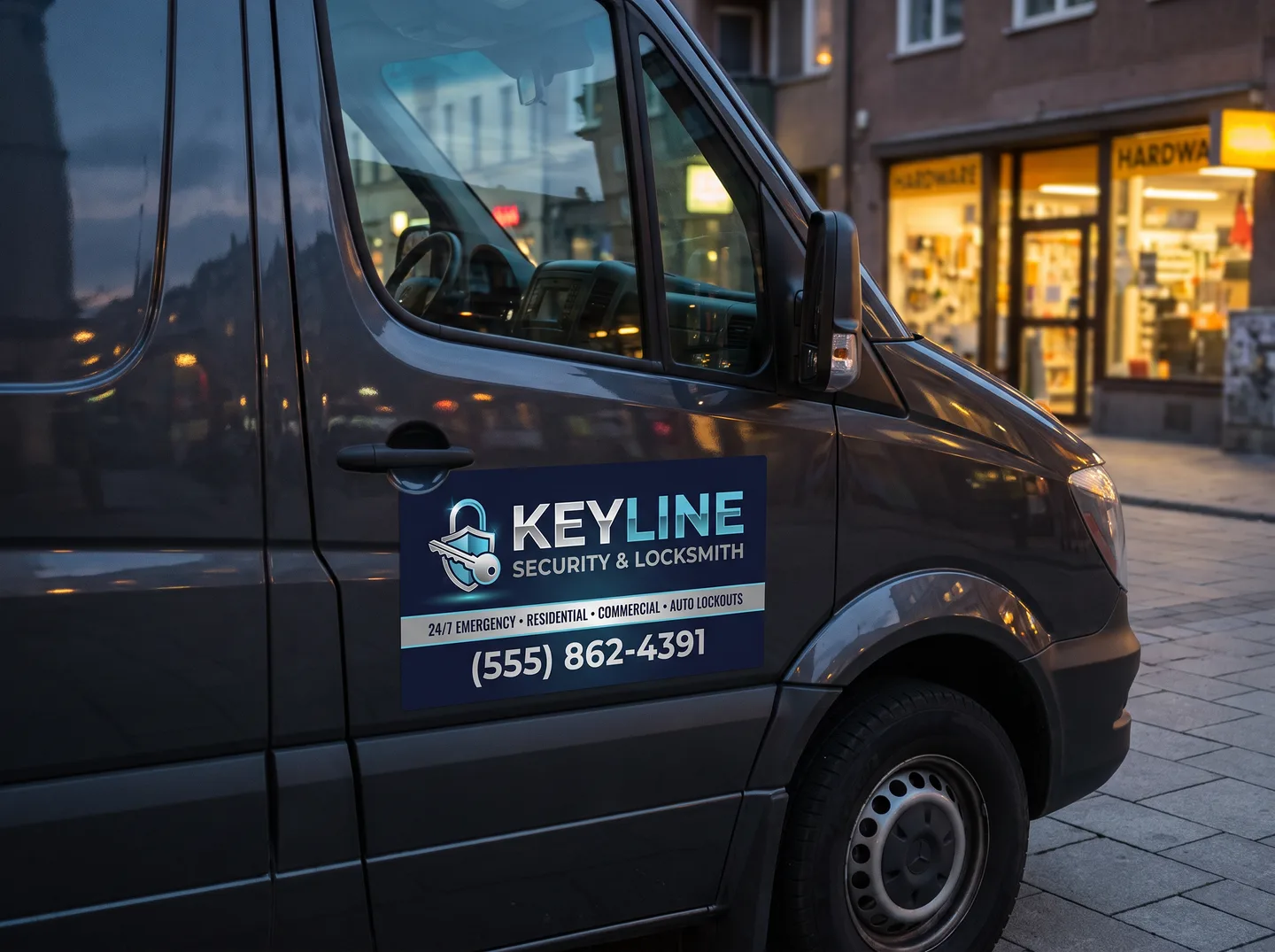 locksmith magnetic sign concept on a compatible steel service vehicle door