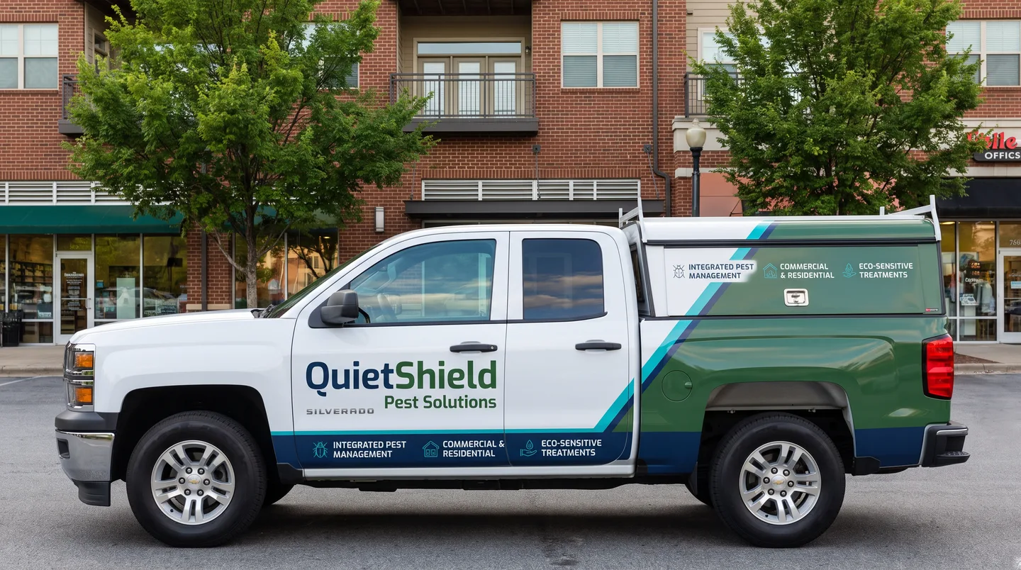 pest control pickup truck with cap and service graphics
