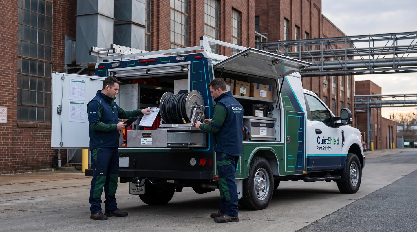 commercial pest control service body truck at a facility