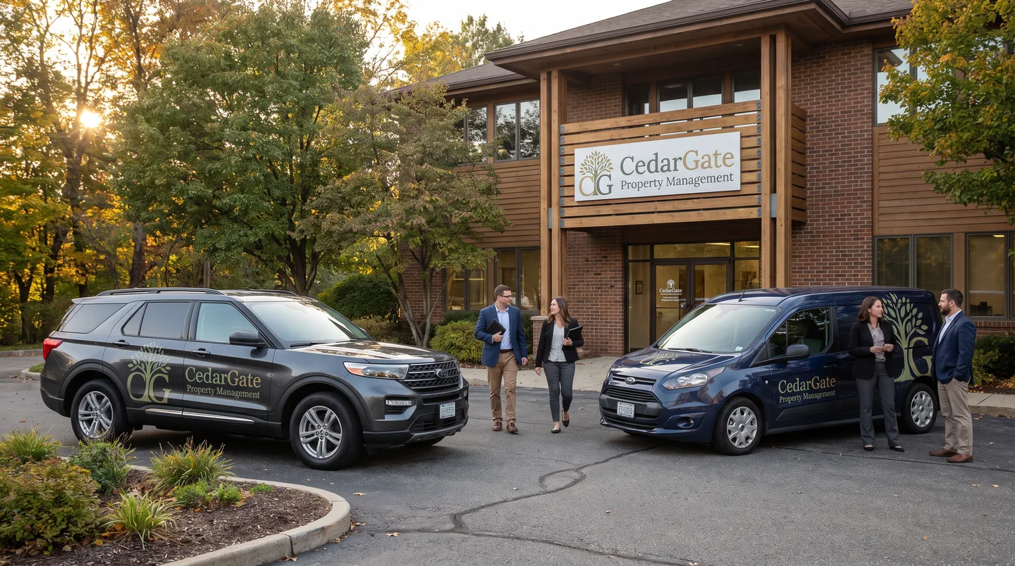 leasing and inspection vehicles with coordinated property brand graphics