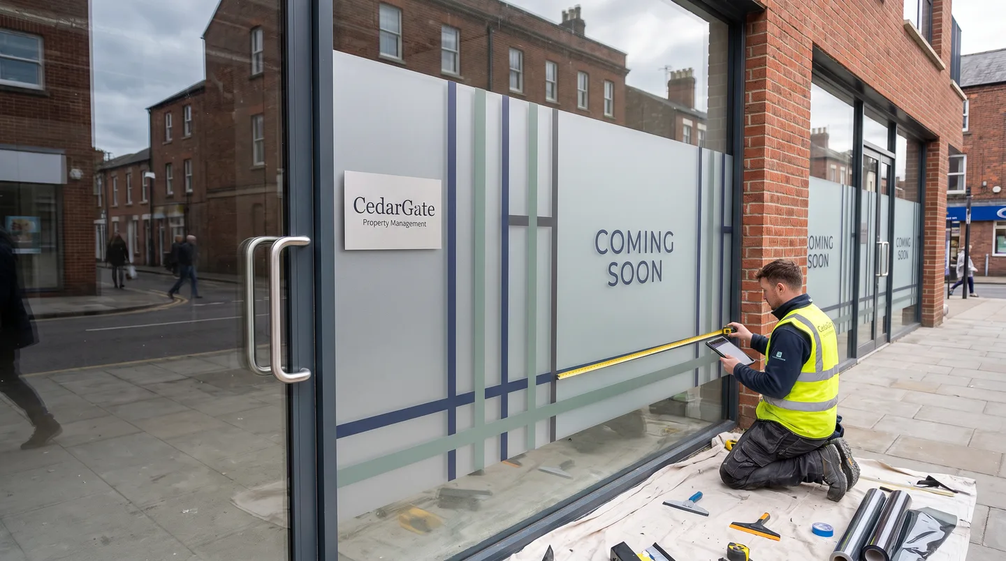 temporary vacancy and coming soon storefront window graphics
