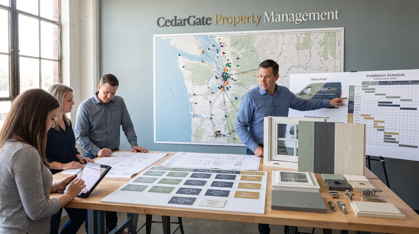 coordinated graphics across multiple managed properties and service vehicles