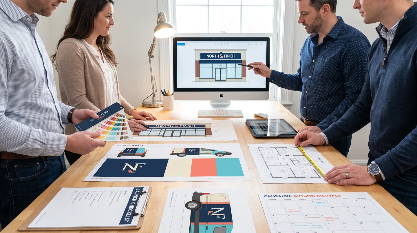 retail brand team reviewing storefront vehicle kiosk and wall campaign proofs
