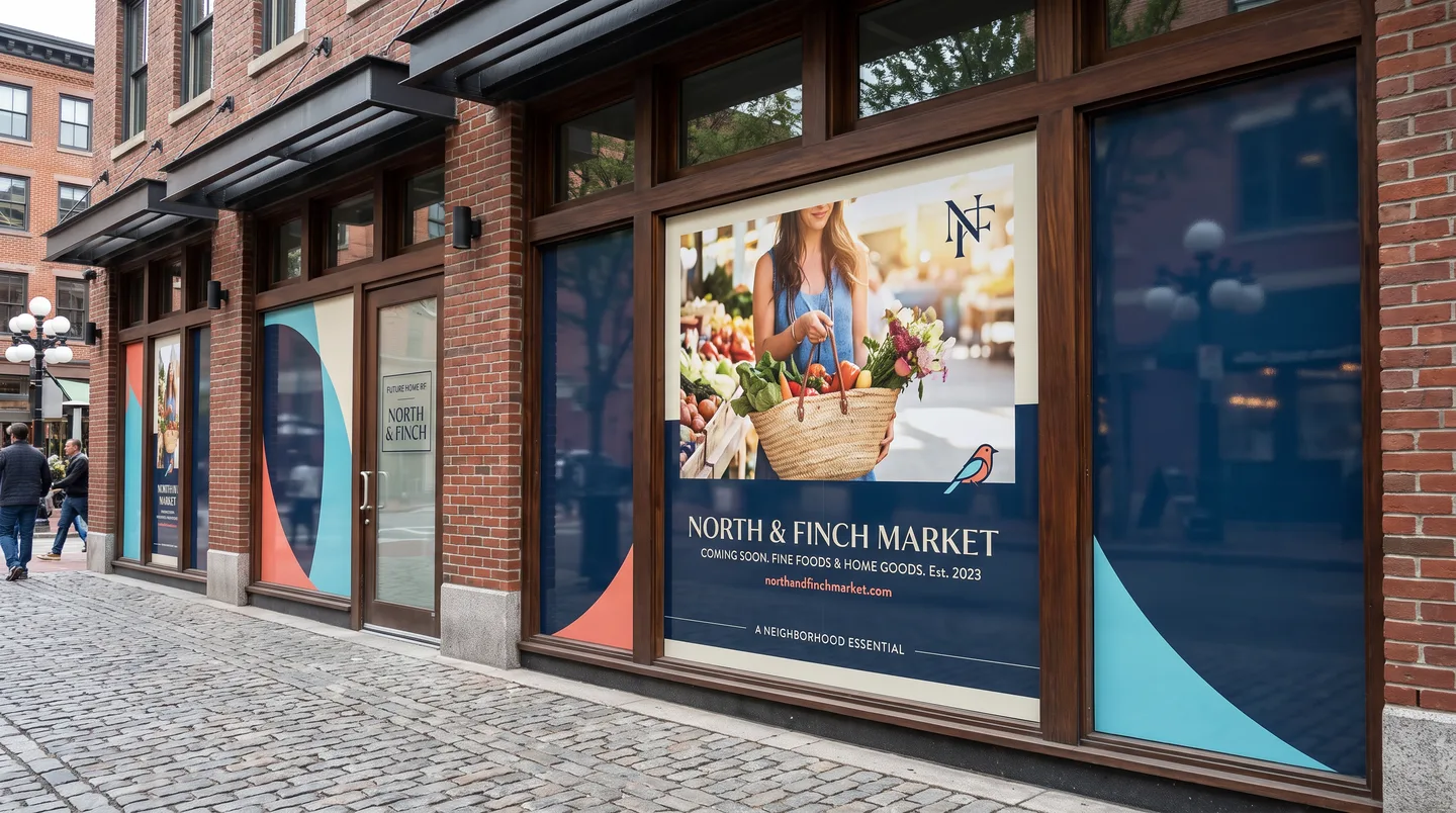 vacant retail storefront with temporary opening graphics