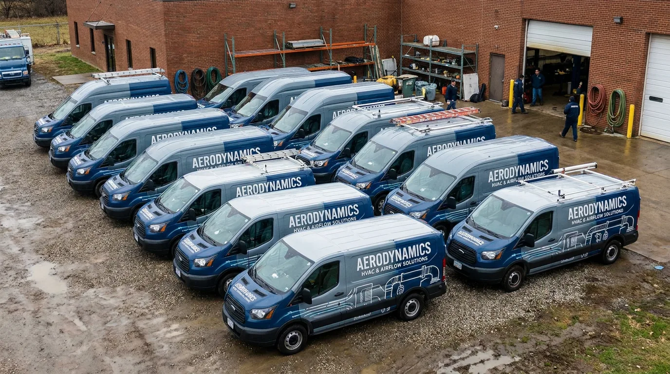 12-van HVAC service van fleet, all new wraps lined up