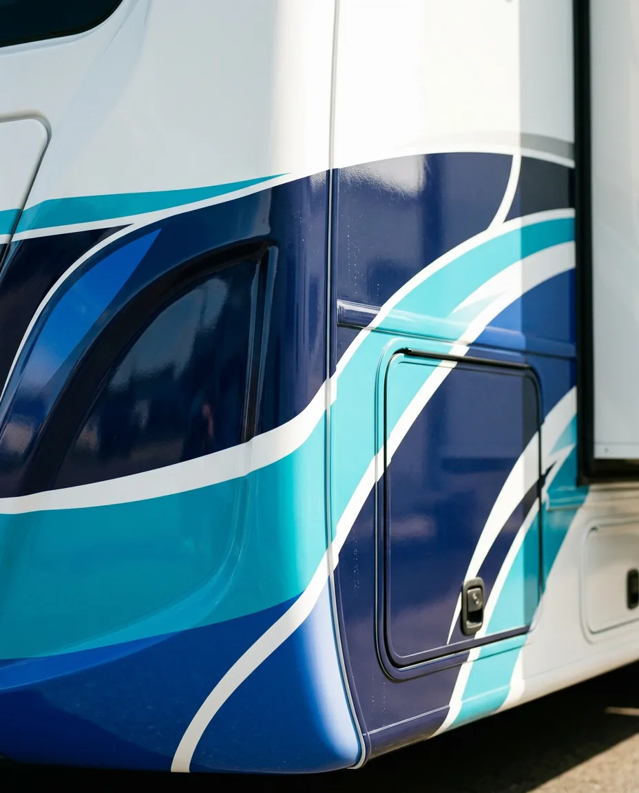 Detail of a custom-wrapped motorhome sidewall and front cap