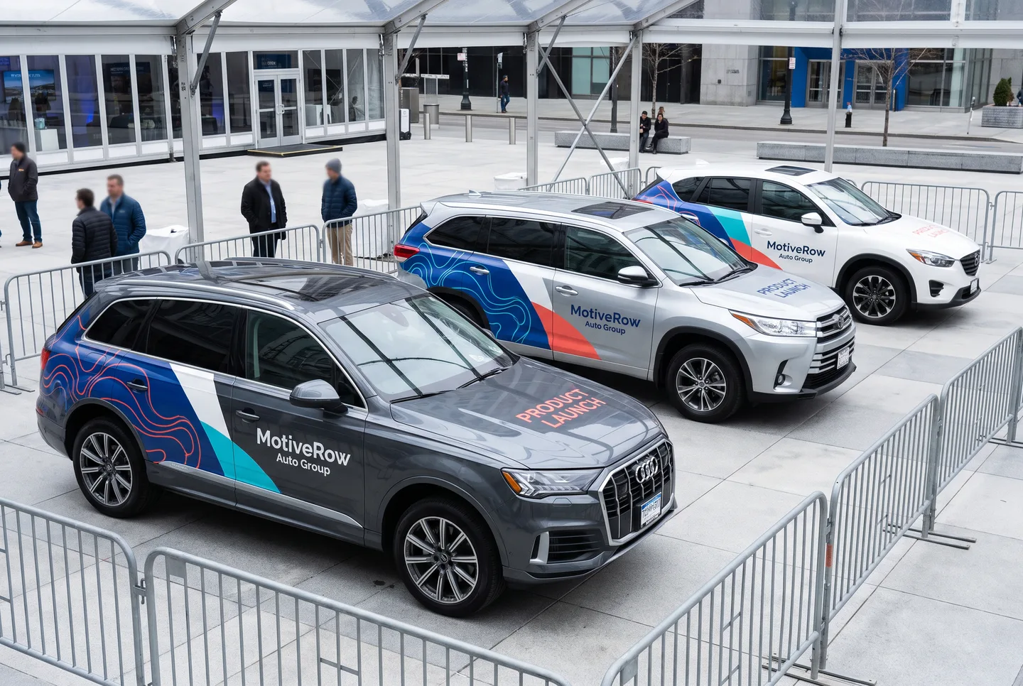product launch — coordinated wrapped SUVs
