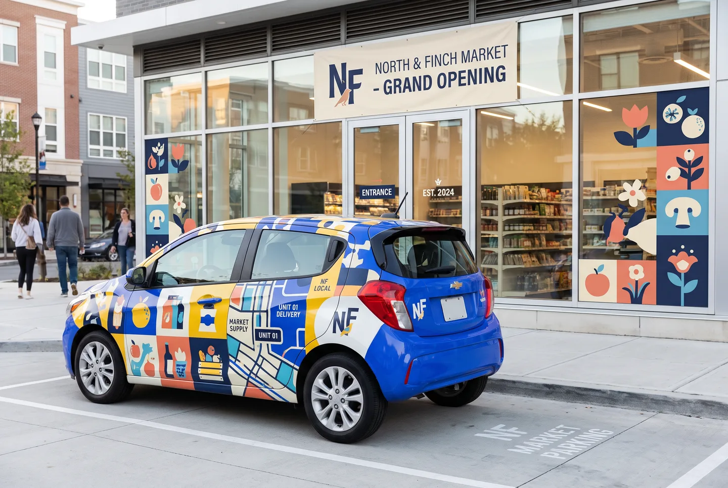 grand opening — wrapped car parked outside new store