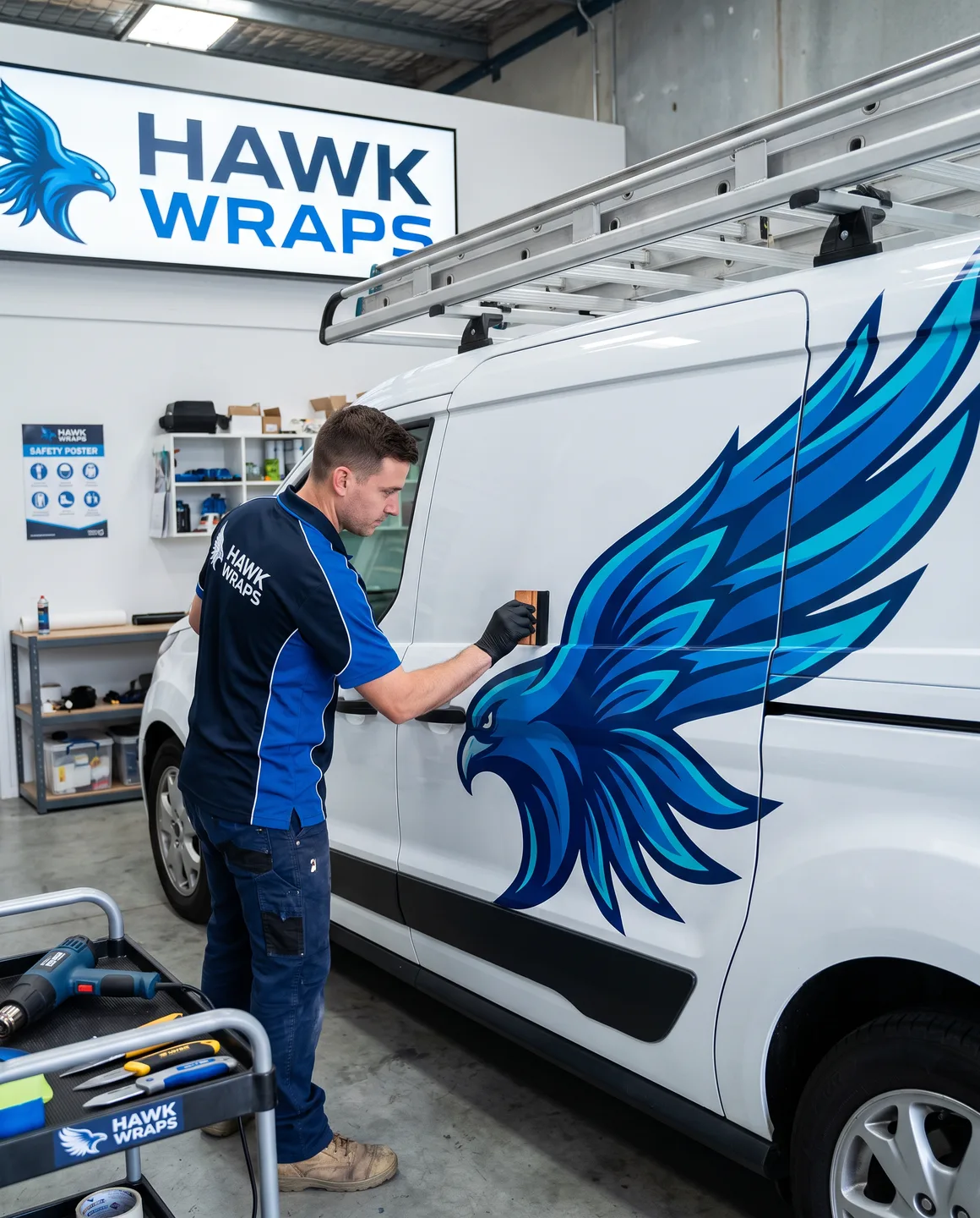 service van mid-installation — ladder rack overhead, installer working on side panel