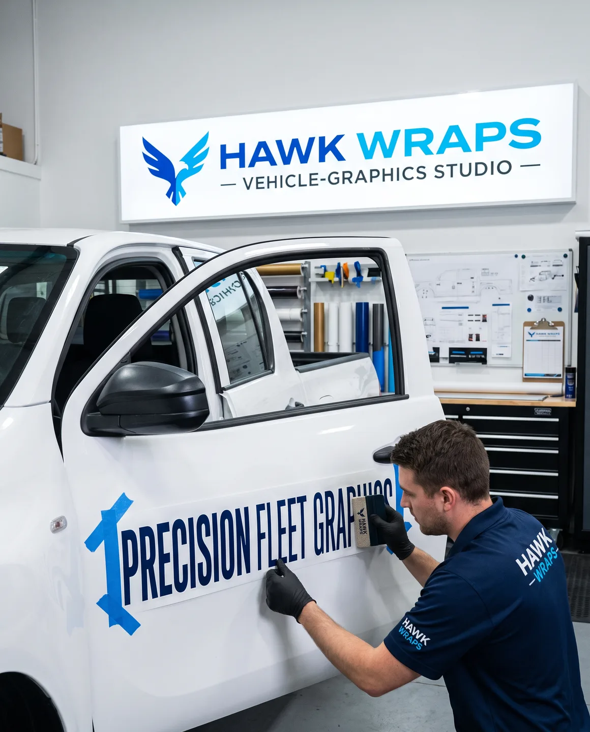 lettering installation — precision vinyl being applied to truck door