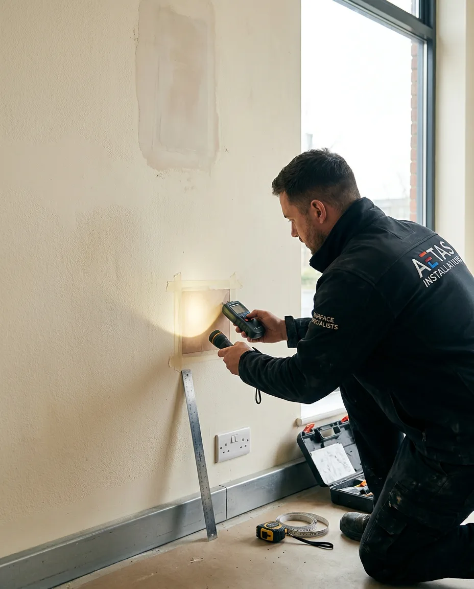 installer surveying a painted wall with test patch and moisture meter before wall graphics production