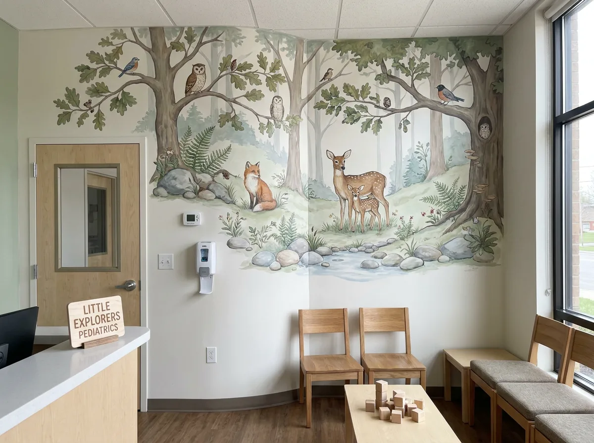 pediatric clinic nature wall mural concept in waiting area