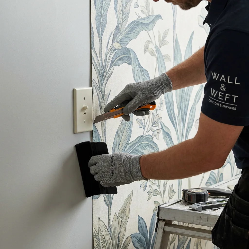 installer aligning printed wall mural panel around outlet close-up