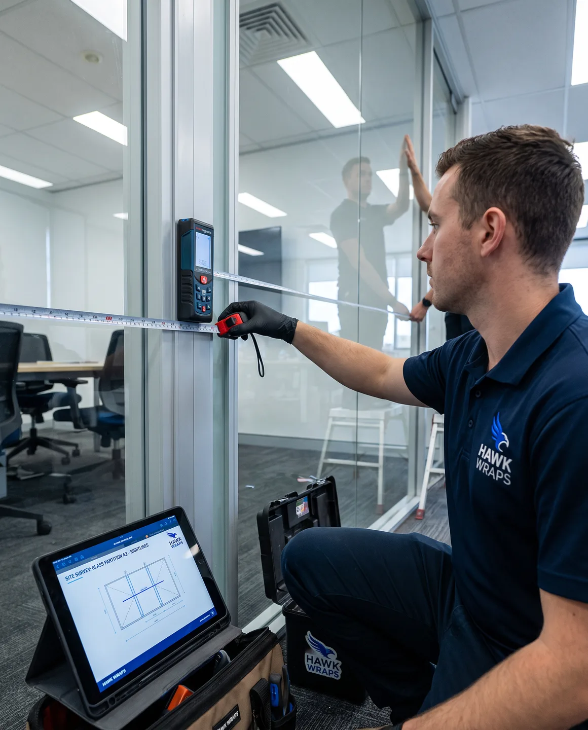 window graphics installer measuring glass and checking sightlines at a commercial office
