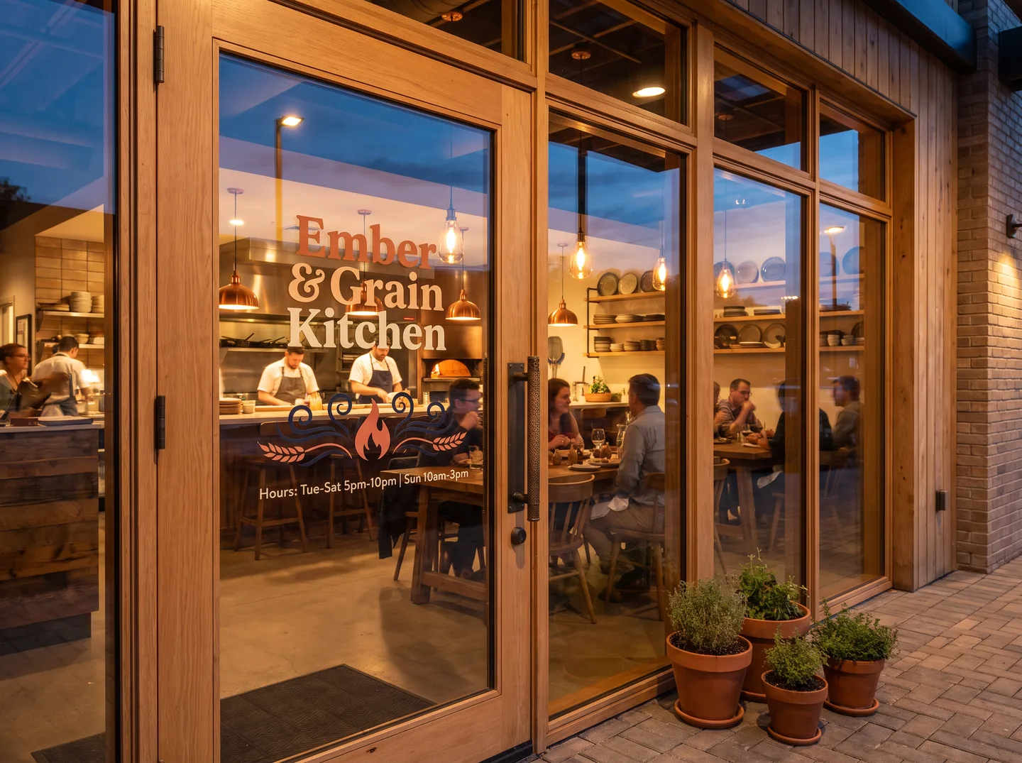 restaurant entry door window lettering and restrained menu graphic concept