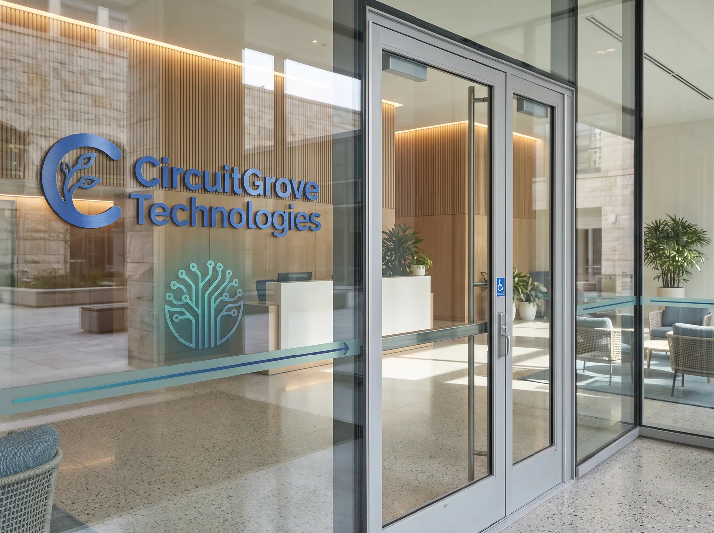 commercial office lobby glass lettering and brand mark concept