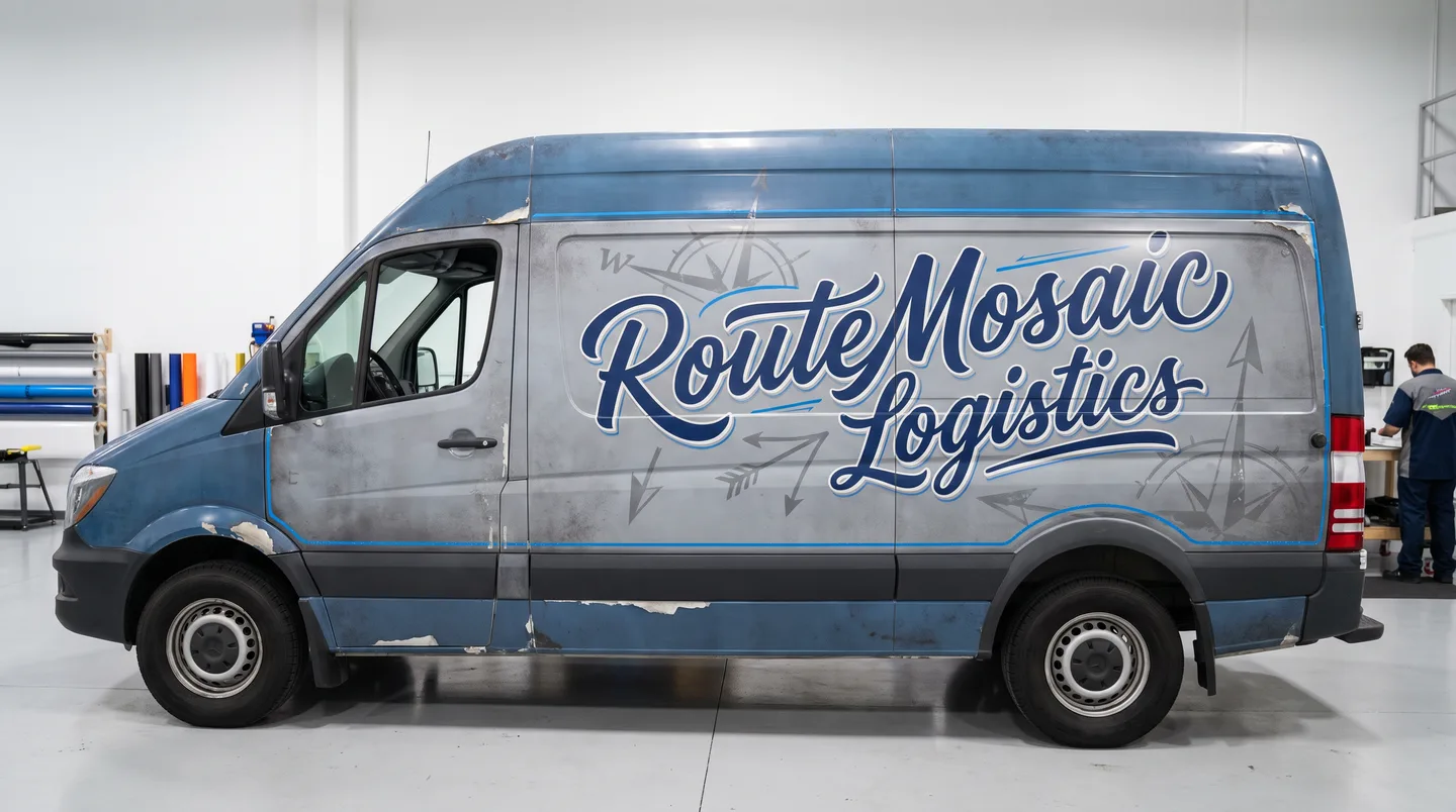 aged delivery van wrap with visible edge wear