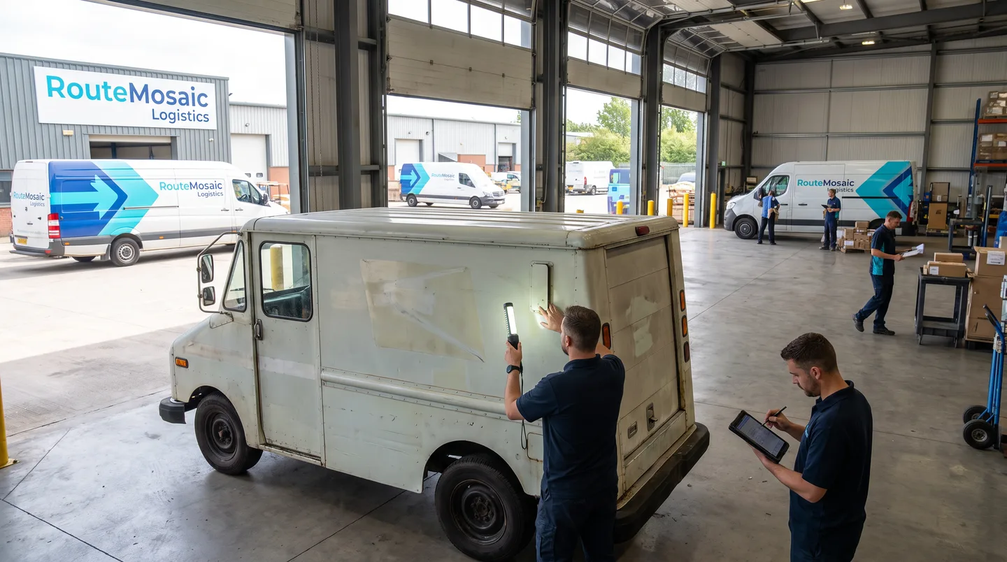 delivery van after removal with exposed panels under inspection