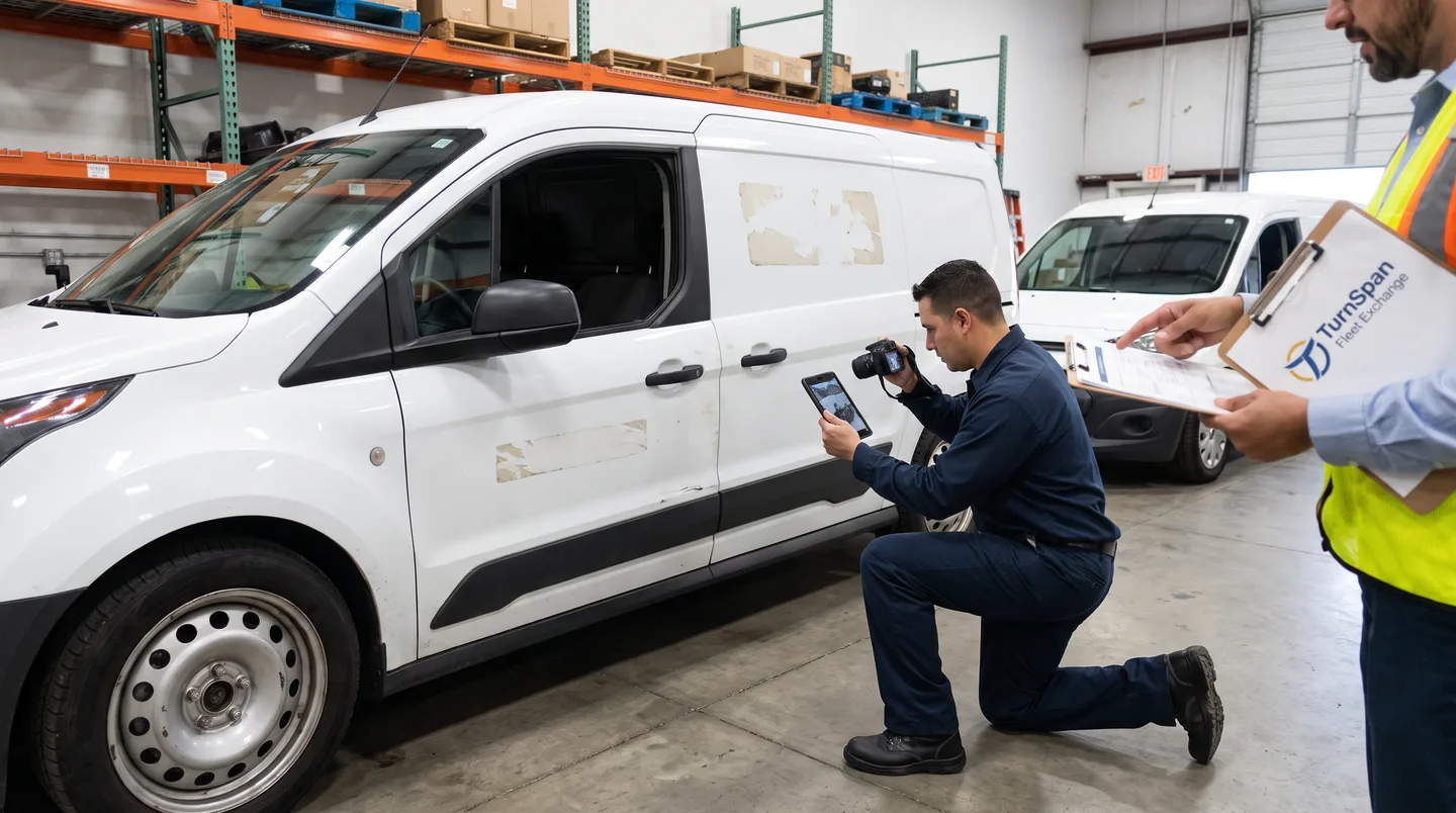 debranded cargo van undergoing lease-return surface review